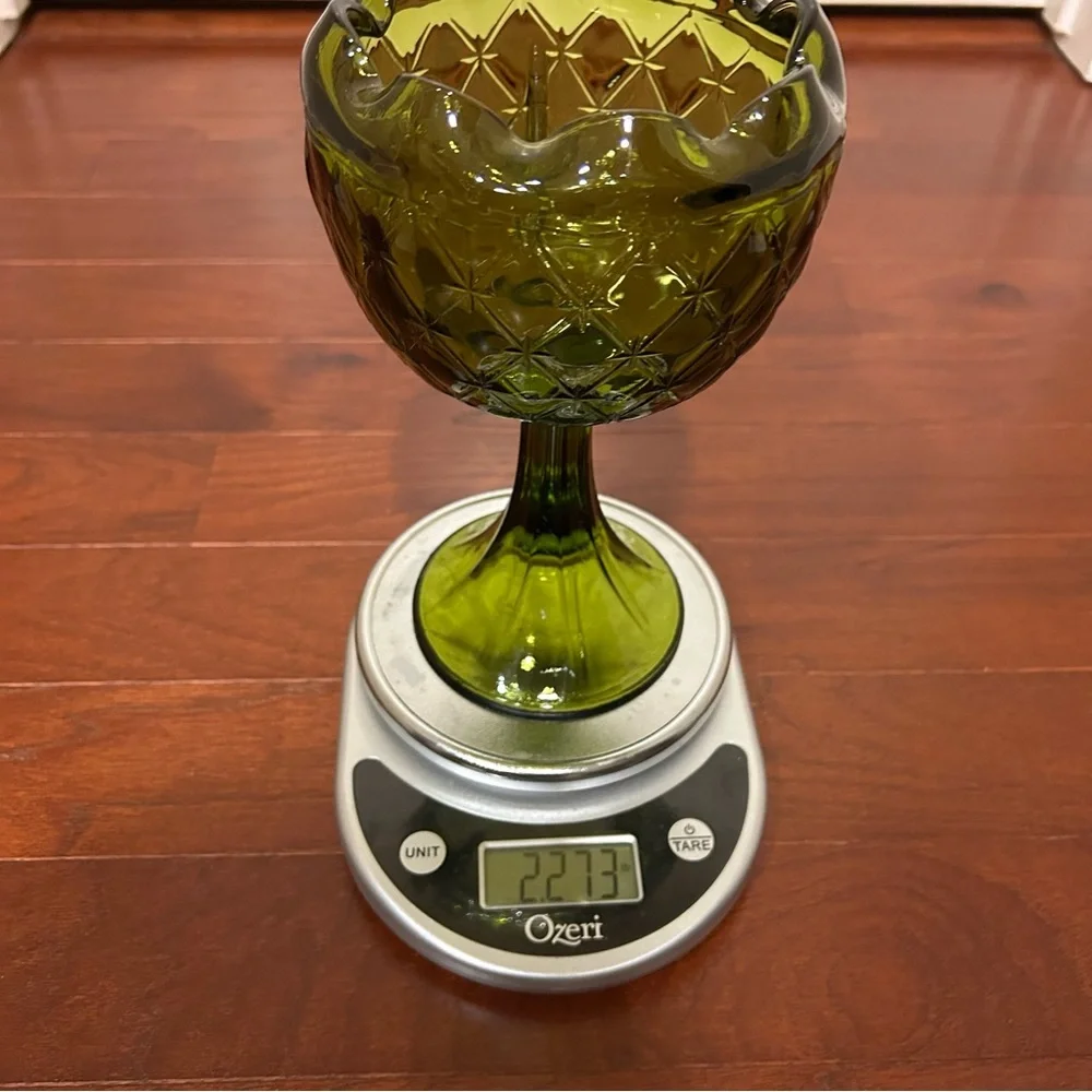 VTG Indiana Glass Avocado Green Pedestal 9